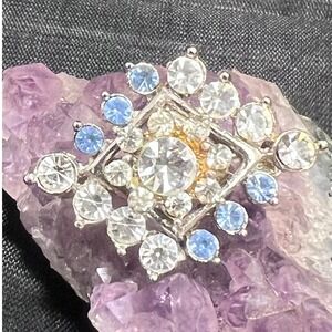 Rhinestone Brooch Pin Silver Tone Blue White‎ Crystal Geometric Statement